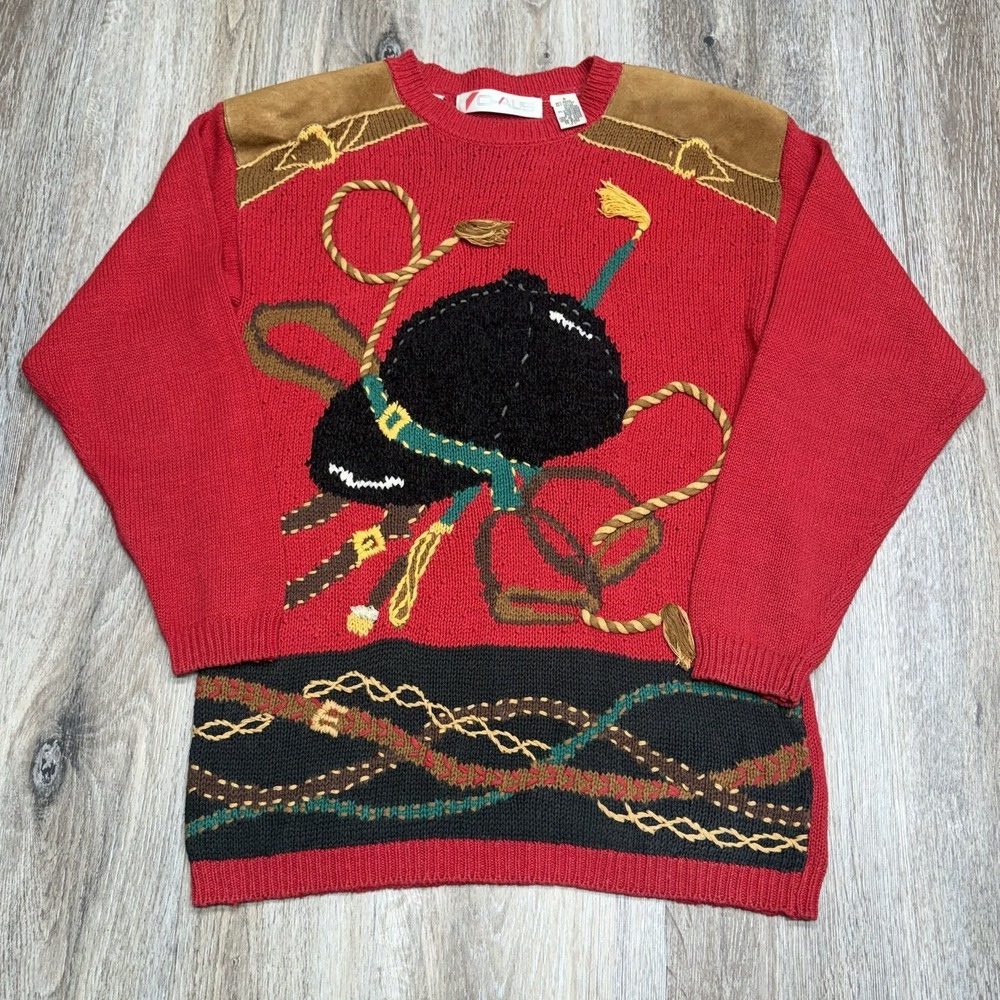 VTG Chaus Pullover Equestrian Sweater Womens S Red Horse Rider Design